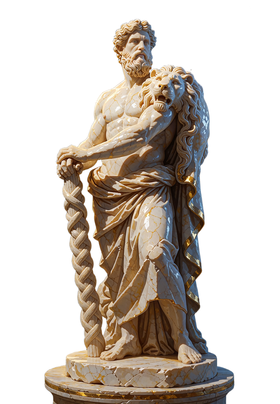 Marmurowy posąg muskularnego Herkulesa opartego na maczudze, z lwią sk&oacute;rą na ramieniu, symbol marki Hercules Casino