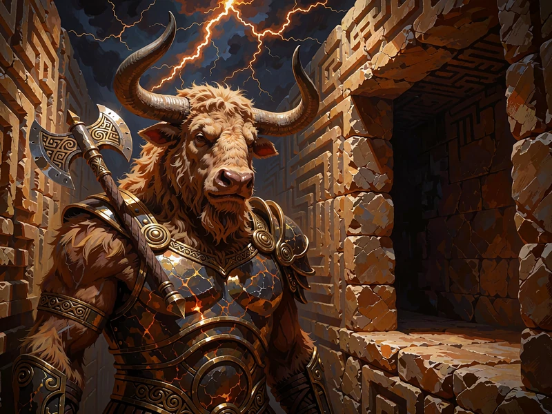 Rogaty Minotaur z bronzową siekierą w kamiennym labiryncie - slot wideo dostępny jako gra hazardowa za darmo