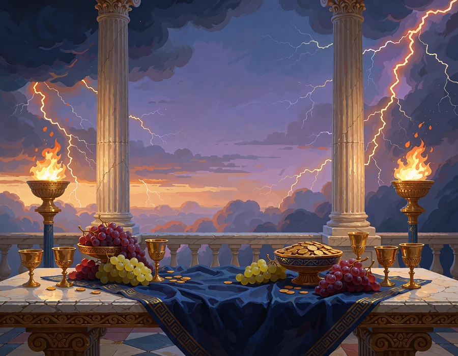 Biesiada bog&oacute;w na marmurowym tarasie o zachodzie słońca - ilustracja promocji Weekend of the Gods