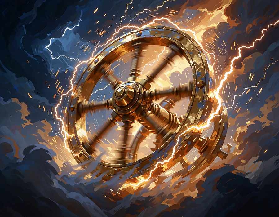 Złote koło rydwanu wirujące w locie z łukami błyskawic - symbol darmowych spin&oacute;w Hercules Casino