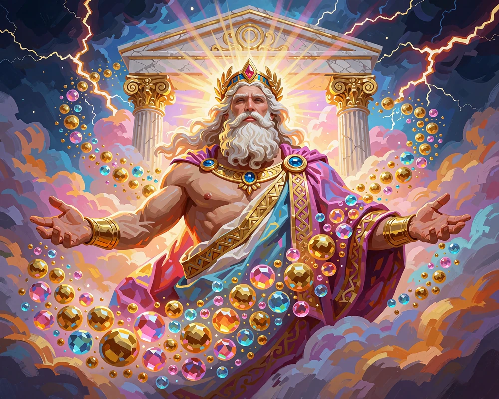Slot mitologiczny z brodatym bogiem piorun&oacute;w i złotą bramą świątyni w r&oacute;żowych chmurach - hit w stylu Gates of Olympus
